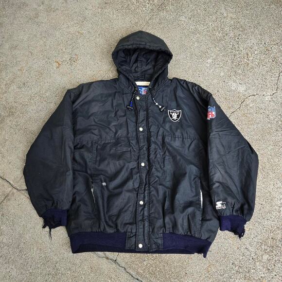 Vtg 90s STARTER Oakland Raiders Logo Distressed NFL Hooded Puffer Jacket XL - Picture 4 of 8
